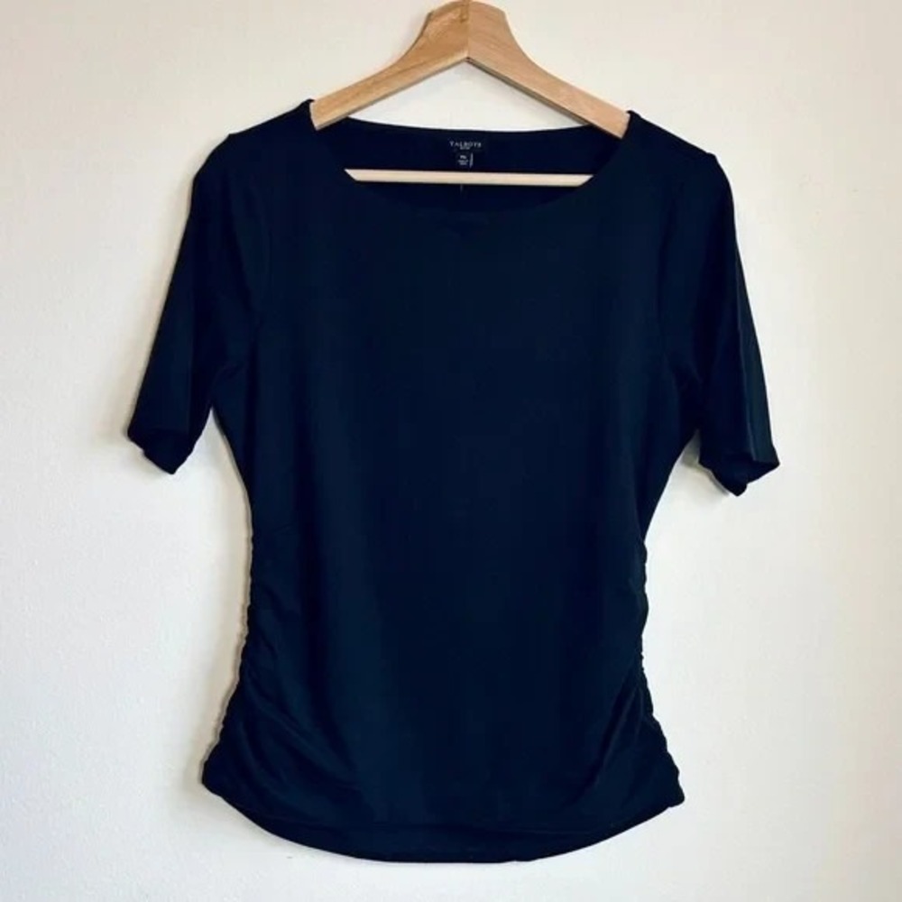 Talbots I Womens Black Ruched Side Short Sleeve Boat Neck Top I‎ Petite Medium